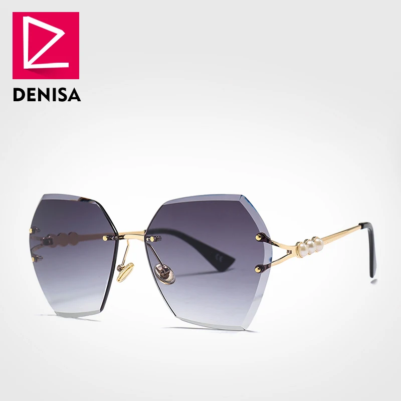 Gray Sunglasses DENISA, квадратные солнцезащитные очки без оправы с жемчугом, Ретро стиль, женские брендовые дизайнерские трендовые градиентные многоугольные солнцезащитные очки, женские UV400 G23023 - Цвет линз: Gray Sunglasses