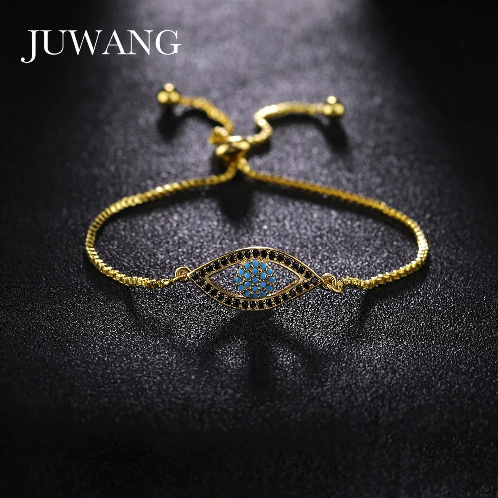 

JUWANG Brand Unique Gold Color Evil Eye Bracelet for Women Vintage Blue Zirconia CZ Adjustable Charm Bracelets Fashion Jewelry