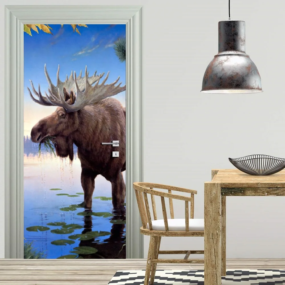 3D настенные художественные двери Фреска Moose животные обои наклейка на стену