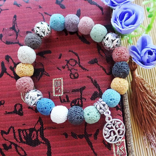 (1 нить/Лот) смешанный вулканический черный круглый эластичный браслет 7 дюймов 10