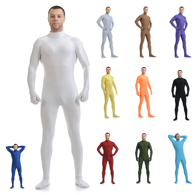 

Customize Exotic Zentai Suit Mens Full BodySuit Hoodless Footed Zipper Tight Skin Suits Dancewear With Hands