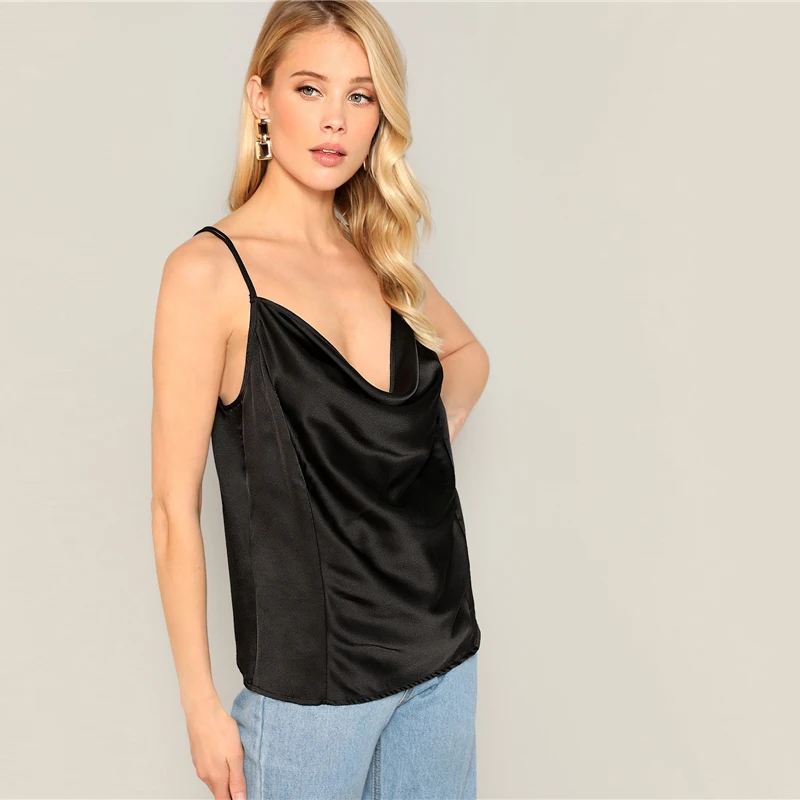 SHEIN черный топ с перекрещивающимися лямками сзади и драпировкой спереди, Атласный топ, женская летняя майка на бретельках с v-образным вырезом, одноцветные Гламурные сексуальные топы на бретельках