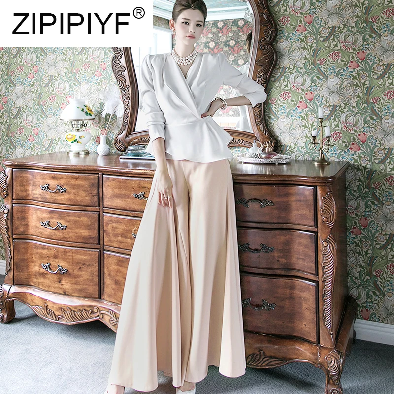 

Long Sleeve 2019 Summer Irregular Female Temperament Blazer + Wide Leg Pants Quality OL Two-piece Suit Sets C1748