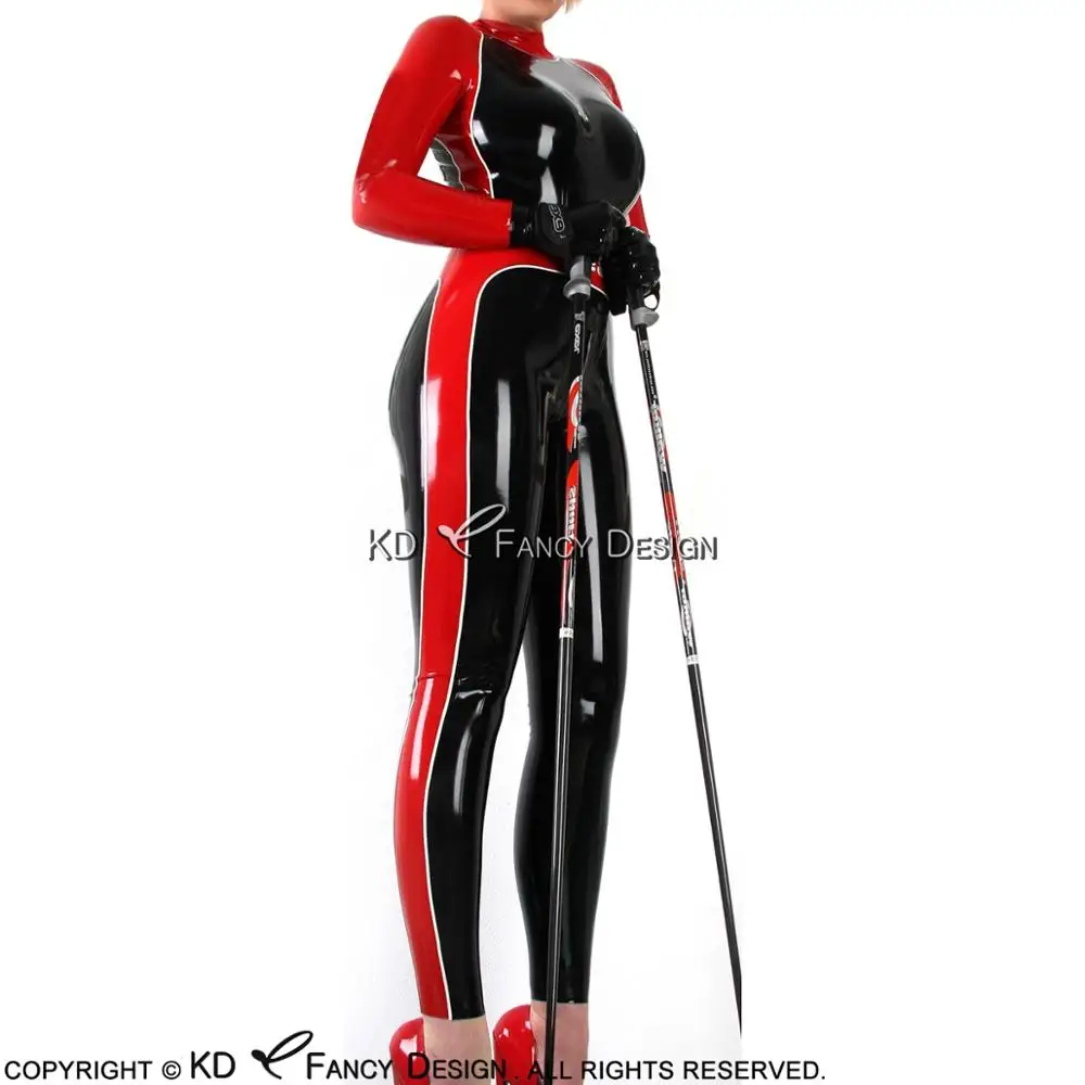 

Black And Red White Skating Sexy Latex Catsuit With Long Sleeves Rubber Bodysuit Zentai Overall Body Suit LTY-0099