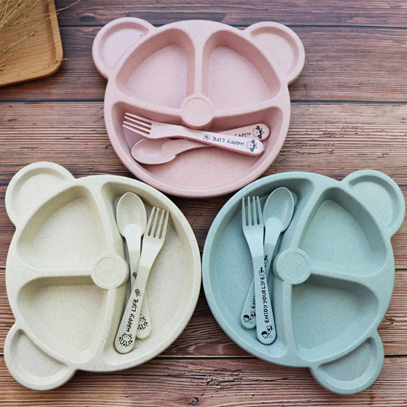 

3Pcs Baby Bamboo Tableware Bowl Spoon Fork Feeding Food Dinnerware Set Cute Cartoon Panda Children Dishes Newborn Plates MBG0348