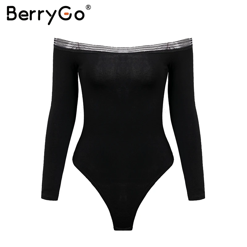BerryGo сексуальный черный боди с открытыми плечами Кружевное женский осенне зимний