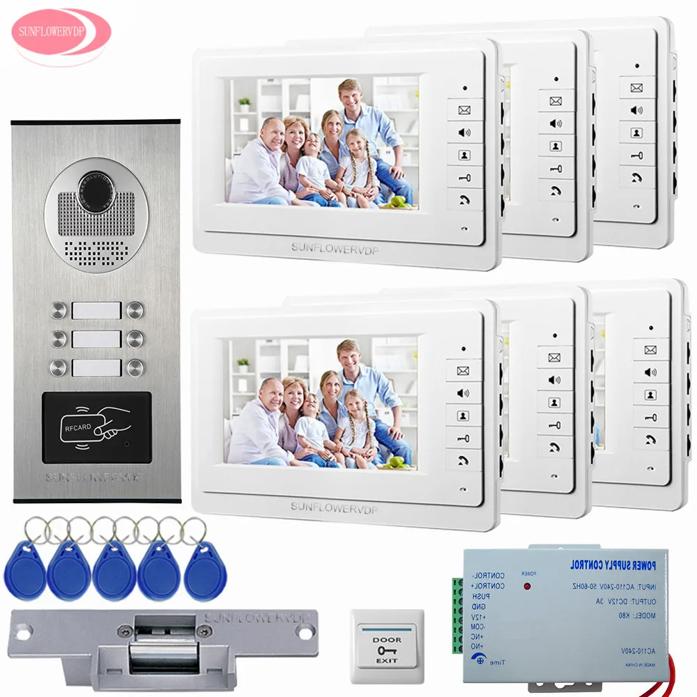 Home Video Deurtelefoon 7 inch Rfid Toegang + 6 Monitoren Video Deurtelefoon Deurbel Intercom Met Elektrische Strike Lock entry Systeem