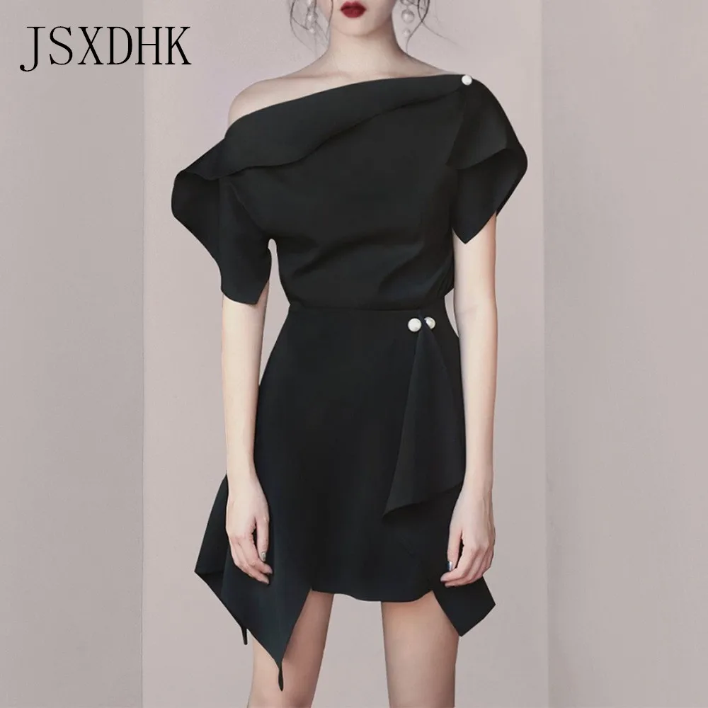 

JSXDHK New 2019 Summer Women Runway 2 PCS Set Sexy Fashion Black Ruffles Off Shoulder Shirt Tops + Beading Irreguls Skirts Set