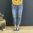 Женские джинсовые брюки Mori Girl, свободные джинсовые брюки Гарун с эластичной талией и вышивкой кошки, до середины икры, U113