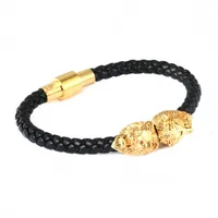 (10pcs)Hot Sale Personality Bracelet Lion Head Bracelet Black Leather Braided Leather Bracelets Bangles For Men Women Pulseras