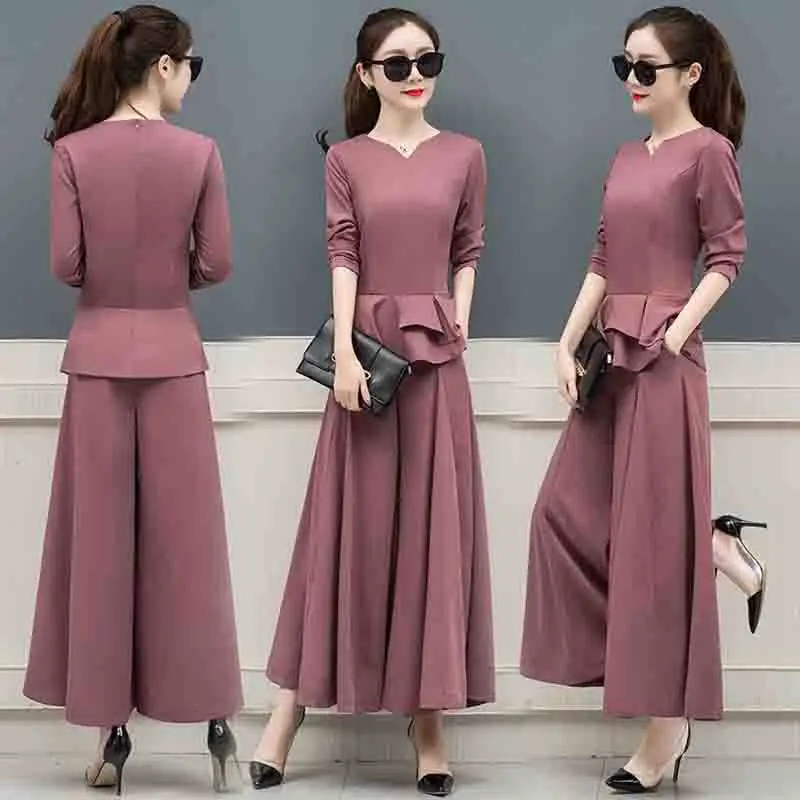 Women Two piece set 2019 Spring Autumn Elegant Lady Work Office Long sleeve Tops + Elastic waist Loose Wide Leg Pants |