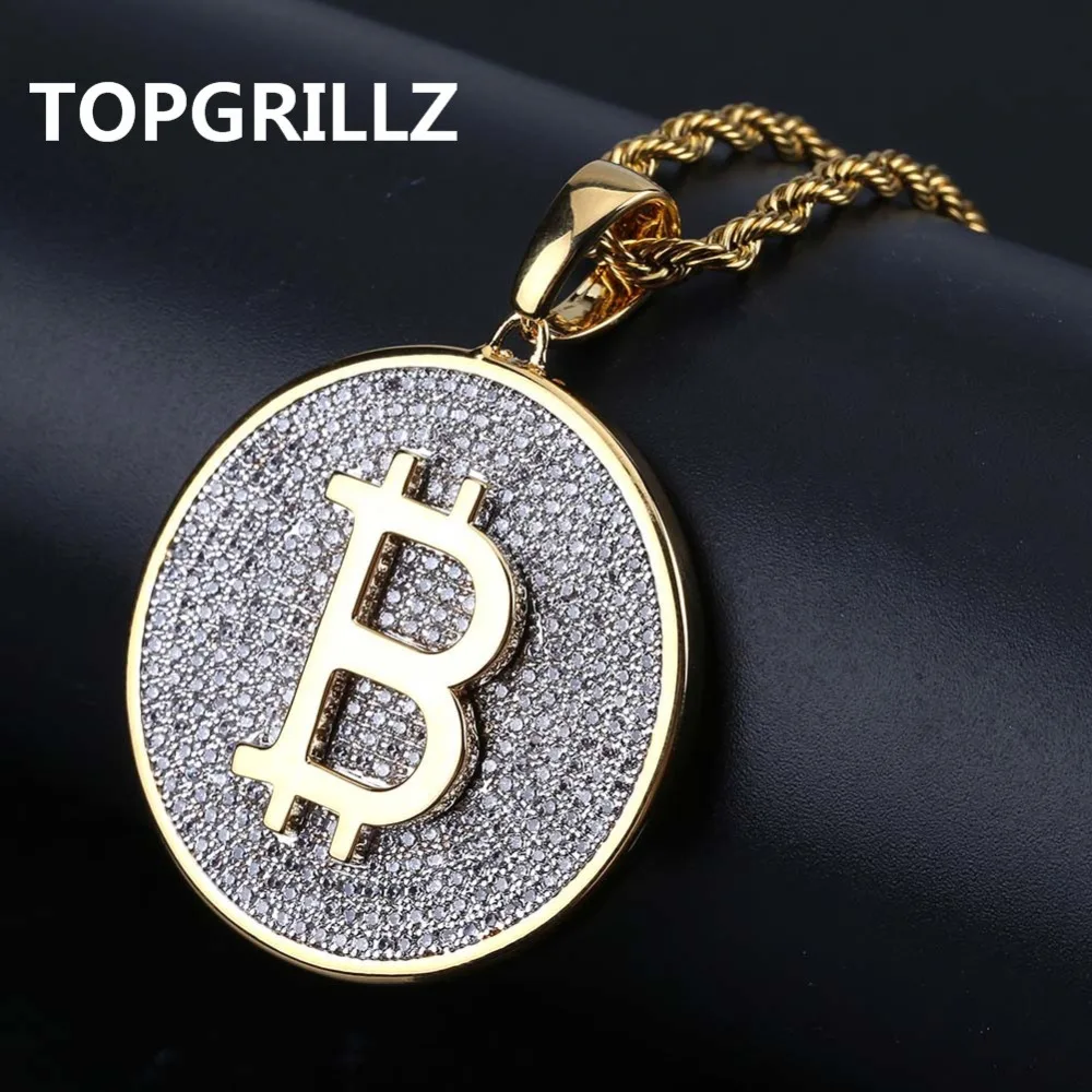 

TOPGRILLZ Gold Color Iced Out Round Micro Pave Full Cubic Zircon Big Bitcoin Pendant Necklace Charm For Men Women HipHop Jewelry