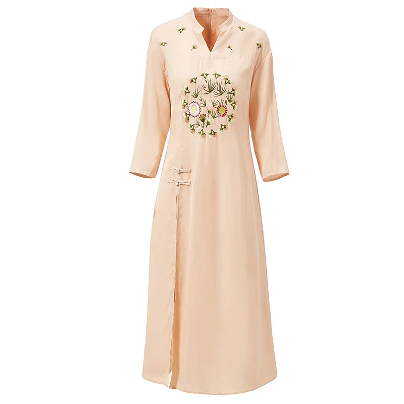 Spring 2019 Floral Embroidery Dress Women Elegant Cheongsam Three Quarter Sleeve Mandarin Collar Female Slim Dresses | Женская одежда