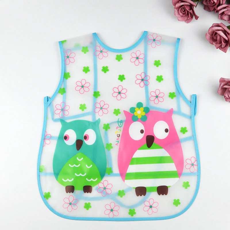 Baby EVA sleeveless gown Baby vest bib Transparent anti-dressing Lace-up waterproof disposable bib dinner clothes feeding child - Цвет: Owl Blue