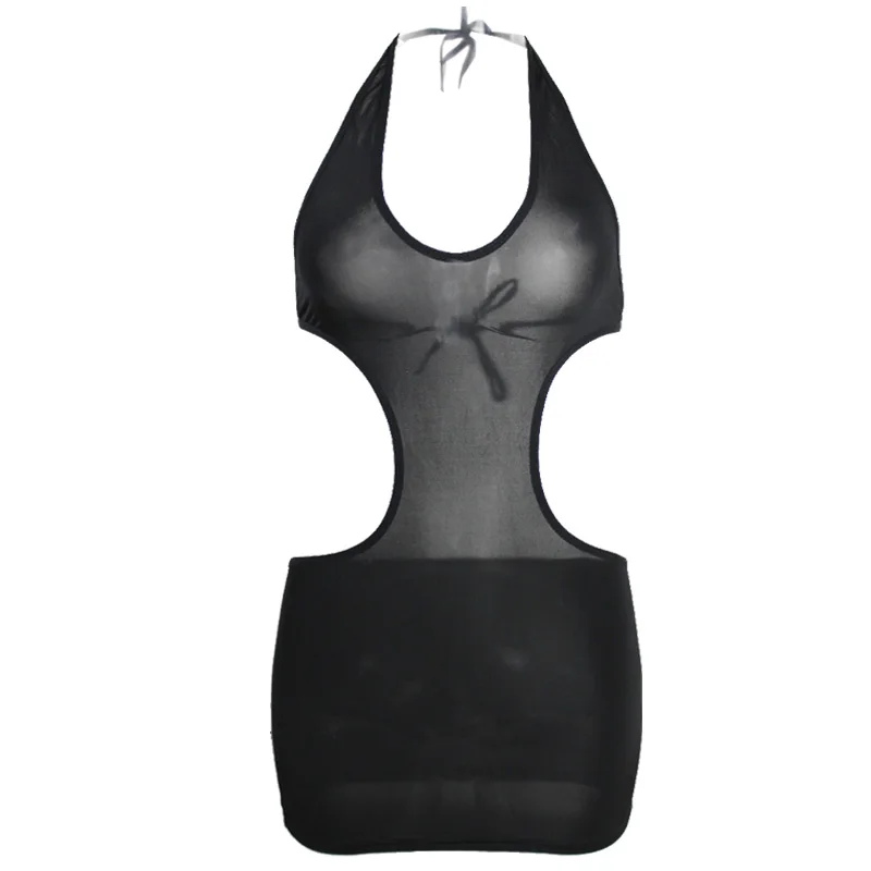 

Sexy Backless Halter MINI Dress Ice Silk Smooth Transparent Dress Deep Neck See Through Hollow Sexy Nightclubs Dance Dress F15