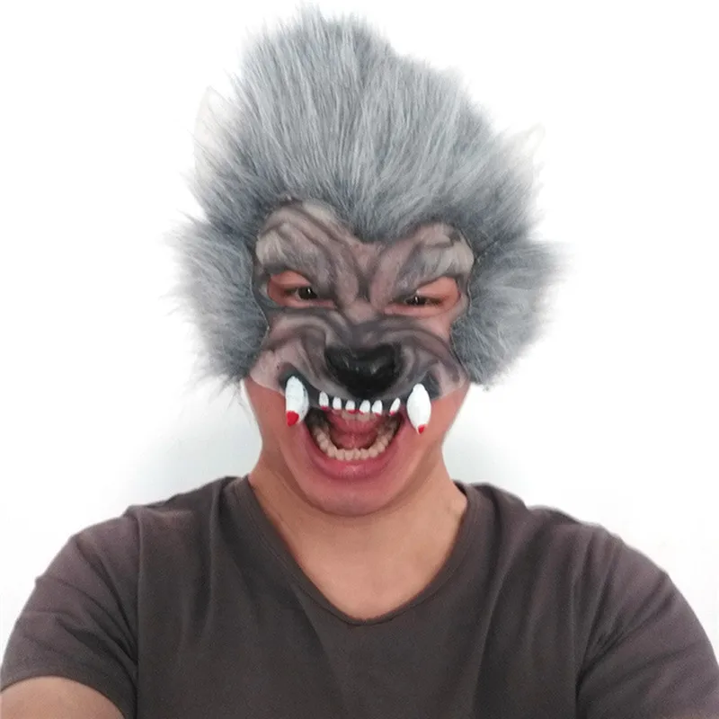 Латекс смешной жуткий пугающий животное Хэллоуин волк маска с волосами косплей