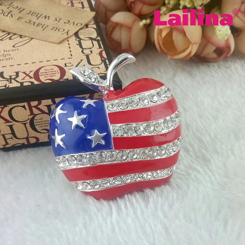 100pcs/lot free shipping fashion apple shape rhinestone enamel flag brooches pins patriotic us American flag brooch for July 4th
