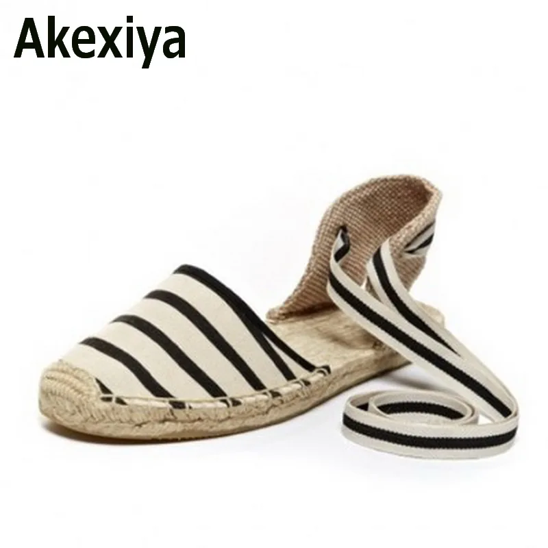 Akexiya/холст espadrille Женские туфли лодочки Ремешок на щиколотке Конопля снизу в