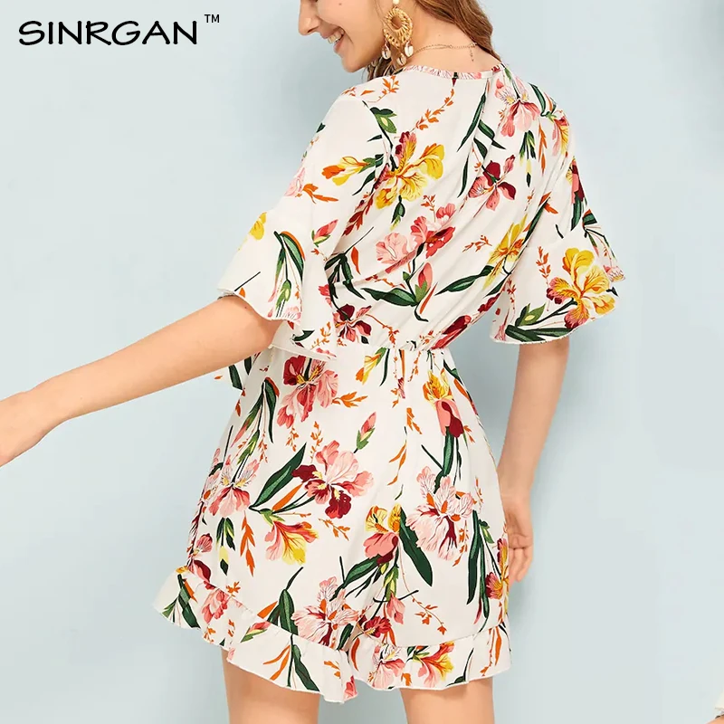 SINRGAN женщины лето 2019 Комбинезоны с талией цветочным принтом и оборками Широкие