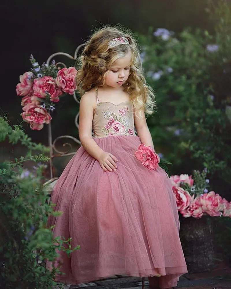 Princess Children Girls Lace Floral Dress Sleeveless Halter Style Grace Little Ladies Party Gown Formal Sundress | Детская одежда и