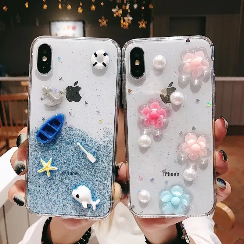 3D Epoxy Phone Case for IPhone X 7 6 XS 6S XR MAX 8 Glitter Transparent Soft TPU Cover Plus |