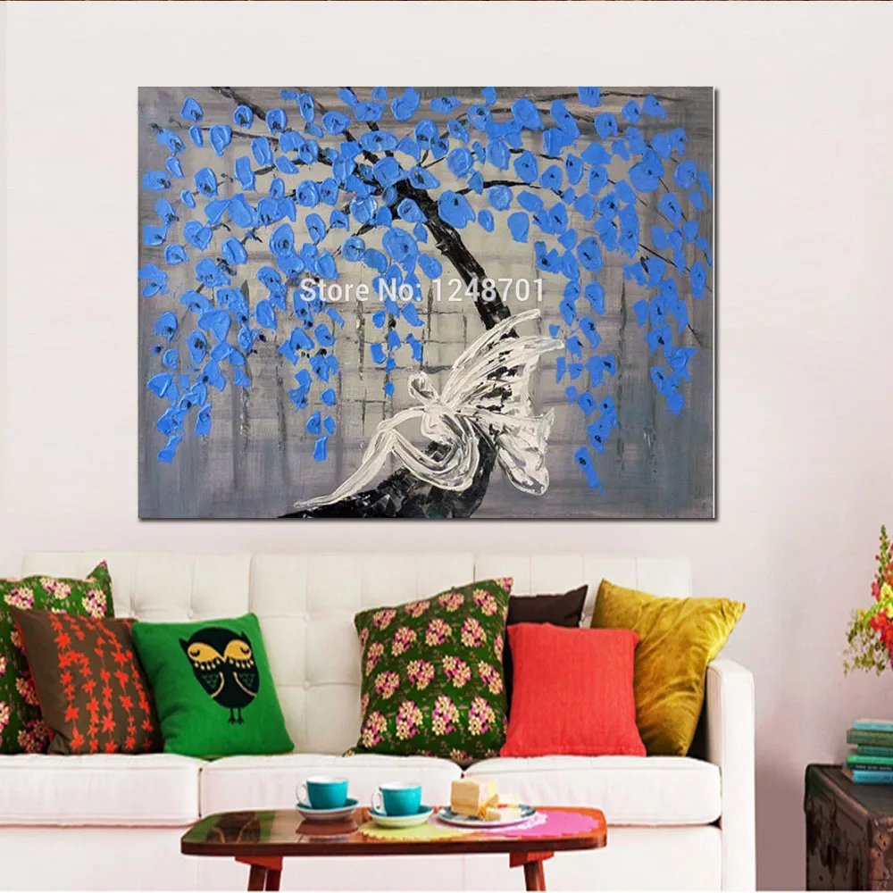 

Canvas Art Hand Painted Wall Decoartive Oil Painting Palette Knife Abstract Blue Flower Tree Angle Wall Art Picture Living Room