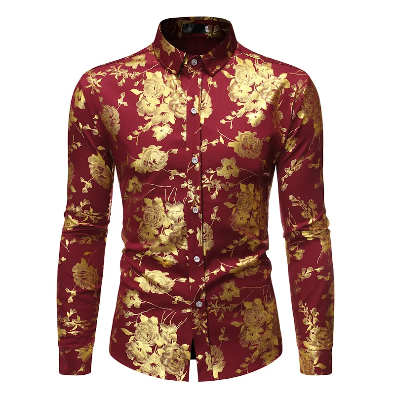 

Gold Floral Bronzing Print Shirt Men 2021 Brand Casual Mens Dress Shirts Slim Fit Business Camisa Masculina Stage Wear Shirts
