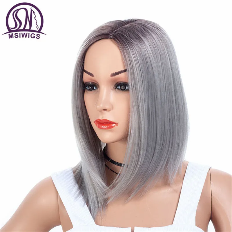 MSI Wigs, черный блонд, короткие прямые парики, синтетический женский парик, серый светильник, корень, натуральный, Омбре, парик, термостойкий