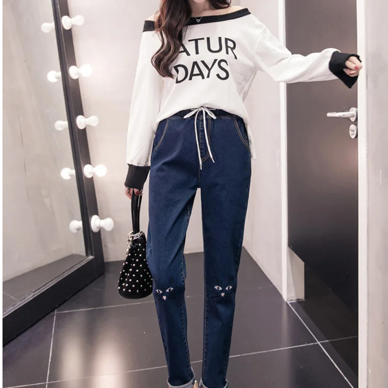 

NORMOV Women Winter Velvet Thickening Jeans Elastic Waist Ankle Length Cat On Knee Pattern High Waist Loose Harem Jeans