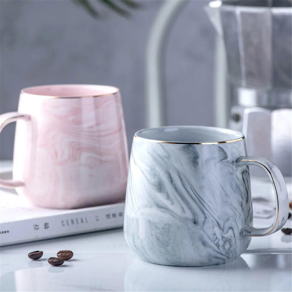 

Luxury Marble Pattern Ceramic Mug Gold Plated With Handle Mugs Morning Milk Coffee Tea Cup Pink Gray Couple Gift Household 1PCS