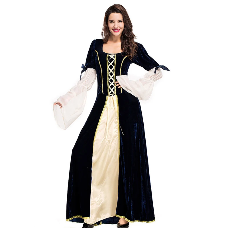 Adult Women Deluxe Medieval Dark Blue Renaissance Court Princess Bodices Costume Maiden Long Faire Velvet Gown Dress For Ladies |