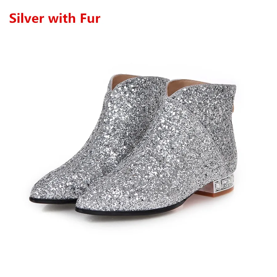 Silver with Fur ANMAIRON/Модные женские ботильоны на плоской подошве, с острым носком, на молнии; 4 цвета; Белая обувь; женские зимние теплые ботинки; большие размеры 34-43 - Цвет: Silver with Fur