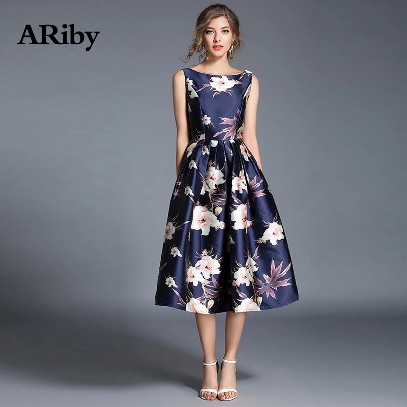 ARiby, женское летнее платье с принтом, элегантное, макси, бальное платье, новинка, для девушек, с принтом, с круглым вырезом, без спинки, без рукавов, длиной до колена, платья