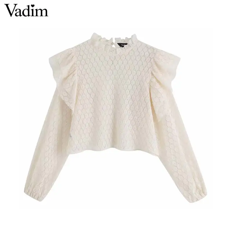 Vadim women sweet ruffles crop tops long sleeve solid female casual beige blouses summer hollow out chic shirts blusas LB297 |