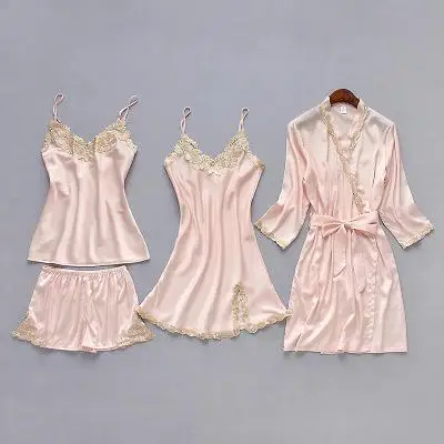 CEARPION, женская пижама, банный халат, набор, Сексуальная кружевная Пижама, атласная, 4 шт., рубашка и брюки и халат и ночная рубашка, комплект, женская ночная рубашка, ночная рубашка - Цвет: Pink