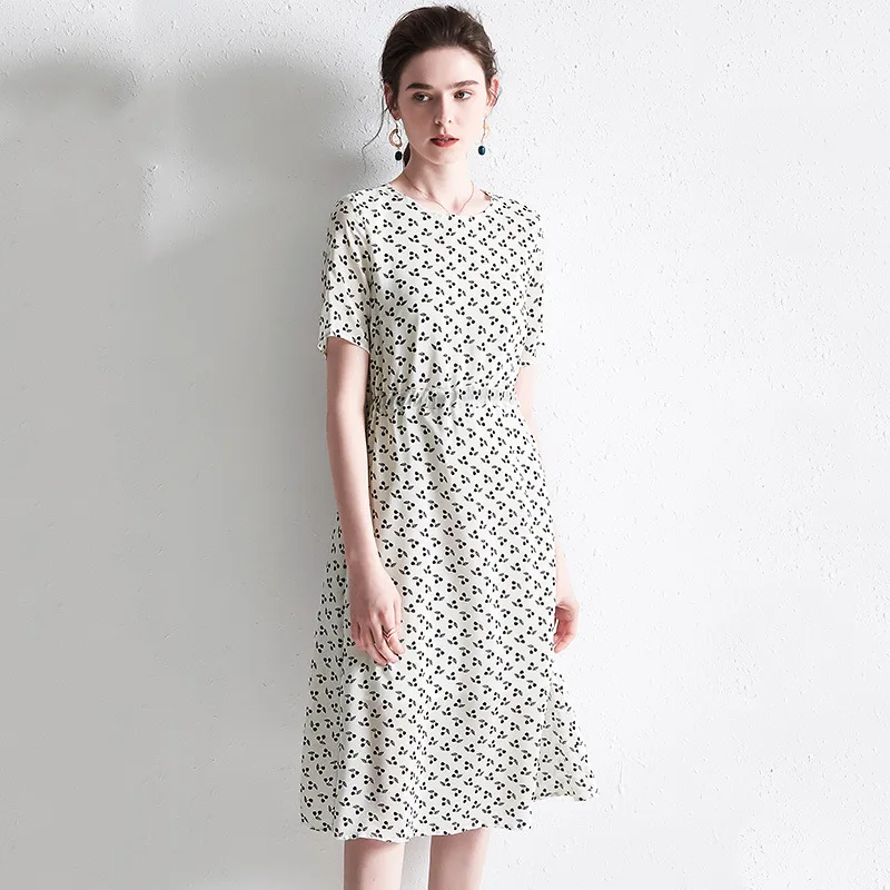 Cherry Print Silk Dress White Summer Elegant Chinese Style Midi Dresses Casual sukienka Short Sleeve Big Size vestidos mori girl | Женская