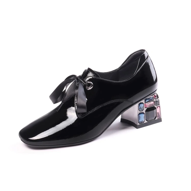 

MLJUESE 2020 women pumps cow leather autumn spring lace up blue color crystal square toe high heels lady shoes party size 34-42