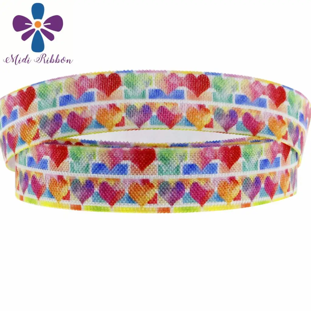 

5/8"16mm Rainbow Stripes Swirl Dots Printed Elastic/Foe Ribbon Sweet Heart Hair Band Making 50yards/roll DIY Party Gift