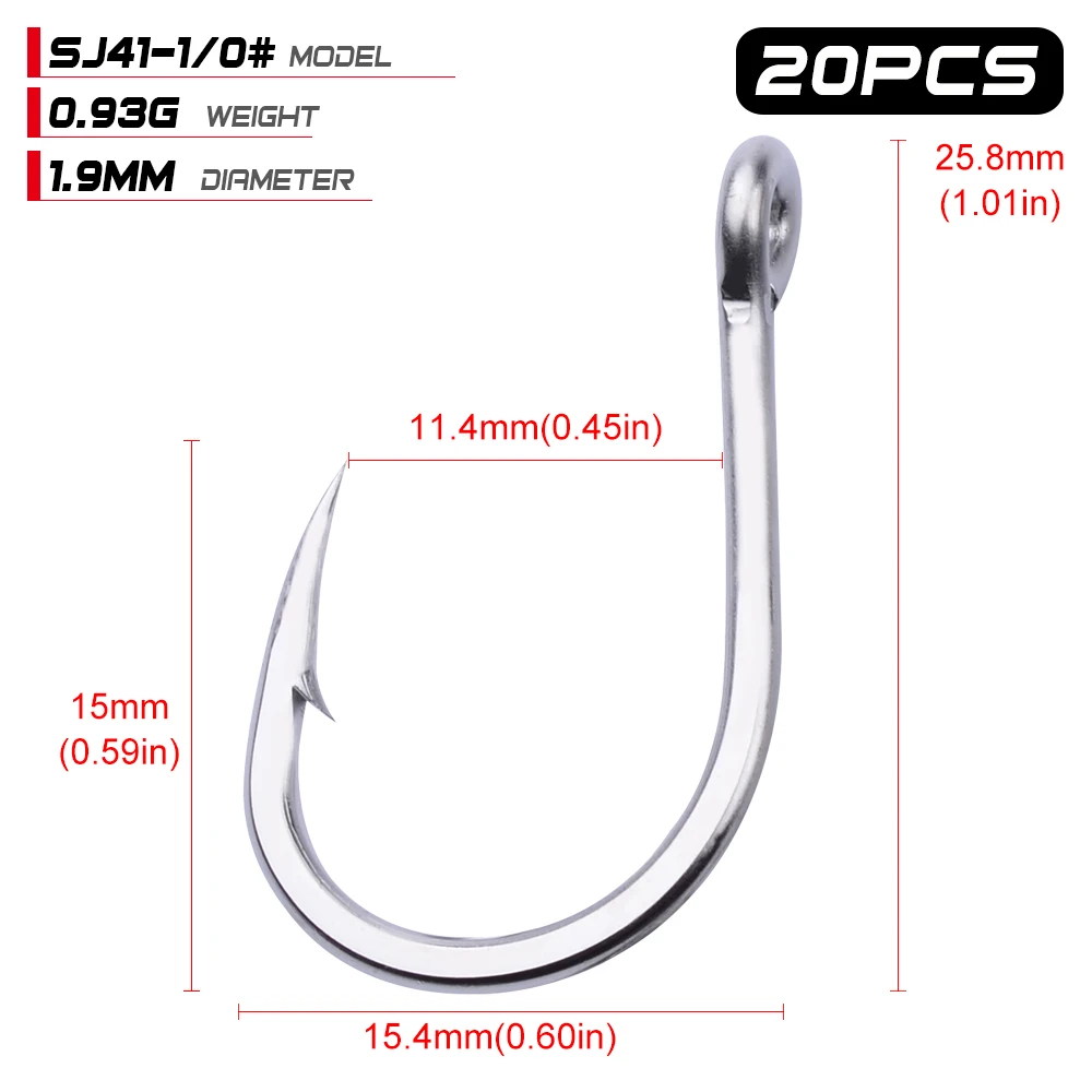 20pcs Strong Stainless Steel Saltwater Jigging Hook 1/0#-13/0# Corrosion Resistance Big Fishing Hook Barbed Boat Fishhook