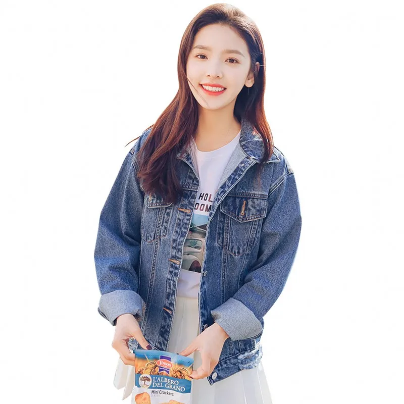 

2019 spring denim Jacket for Women Casual solid color hole lapel loose Vintage blue Short Jeans Jacket jaqueta feminina 5216