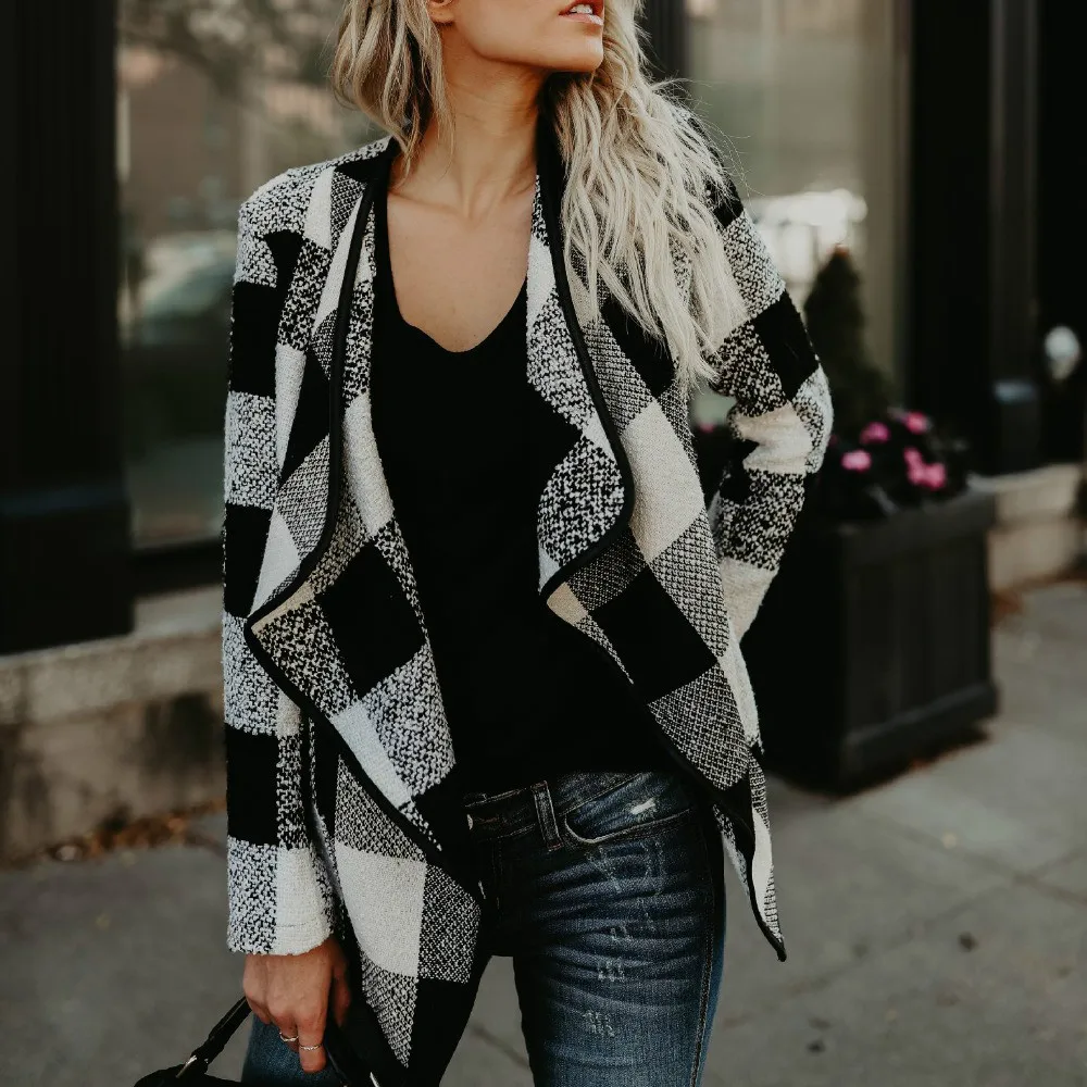 Autumn Knitted Sweaters Long Sleeve Plaid Pattern Cardigan Women Casual Outwear Warm Feminine Loose Cardigans |