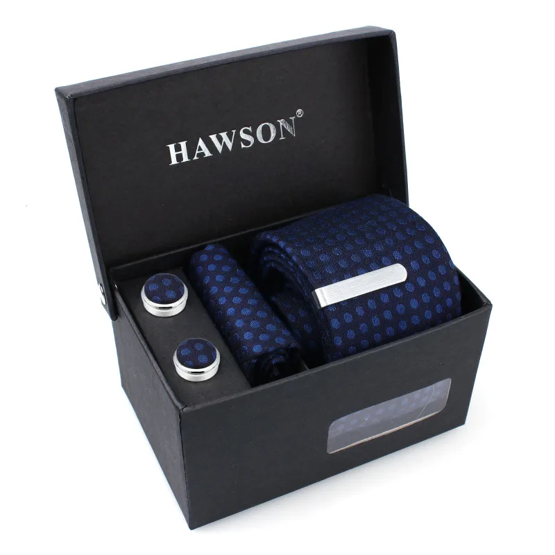 black and blue HAWSON дизайнерский Мужской комплект галстуков для шеи с синим рукавом в горошек на пуговицах запонки карман квадратный зажим для галстука полиэстер - Цвет: black and blue