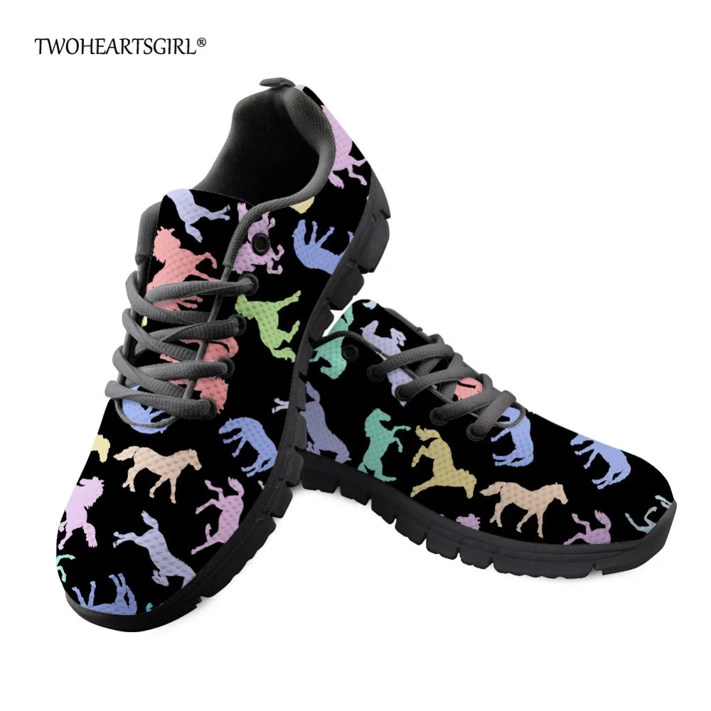 

Twoheartsgirl Black Horse Printed Women Sneakers Leisure Women College Girls Lace-up Flats Breathable Female Ladies Mesh Shoes