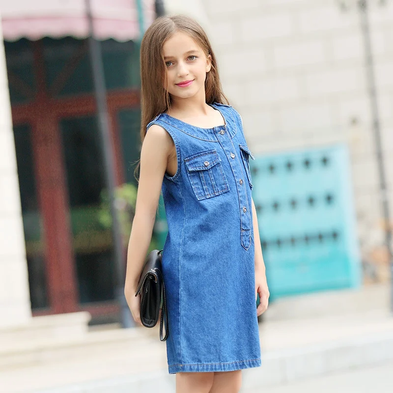 Girls pocket denim dress kids brand designer tank children's sleeveless jeans dresses size 6-16Y | Детская одежда и обувь