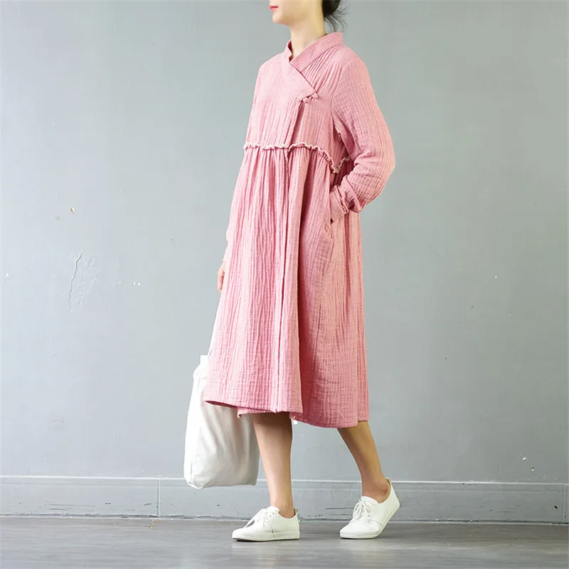 Женское винтажное платье SCUWLINEN повседневное хлопковое с длинным рукавом и