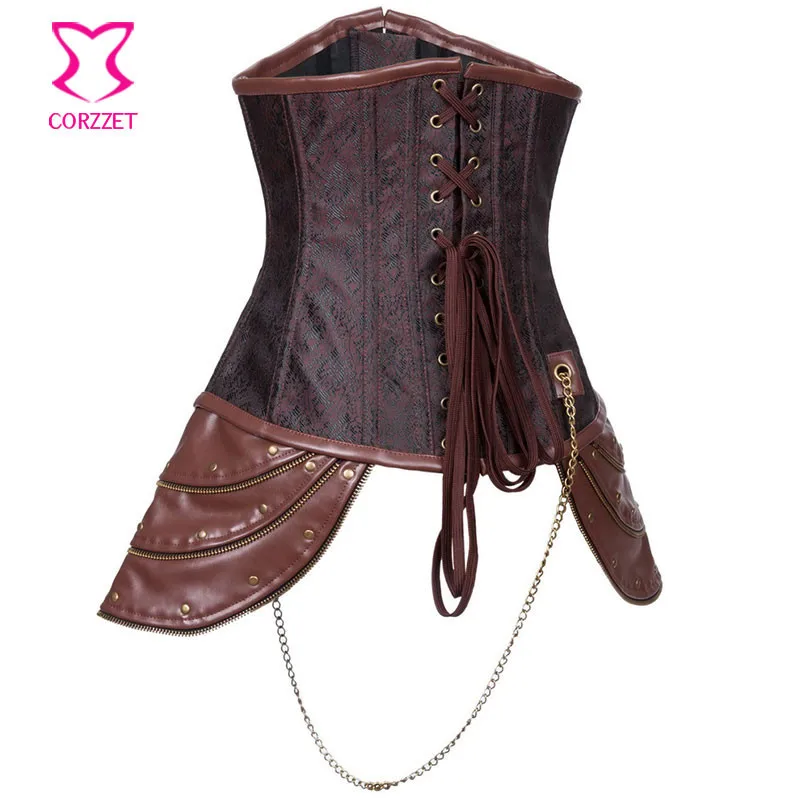 Винтажный коричневый кожаный стальной корсет Corzzet в стиле стимпанк бюстье топ