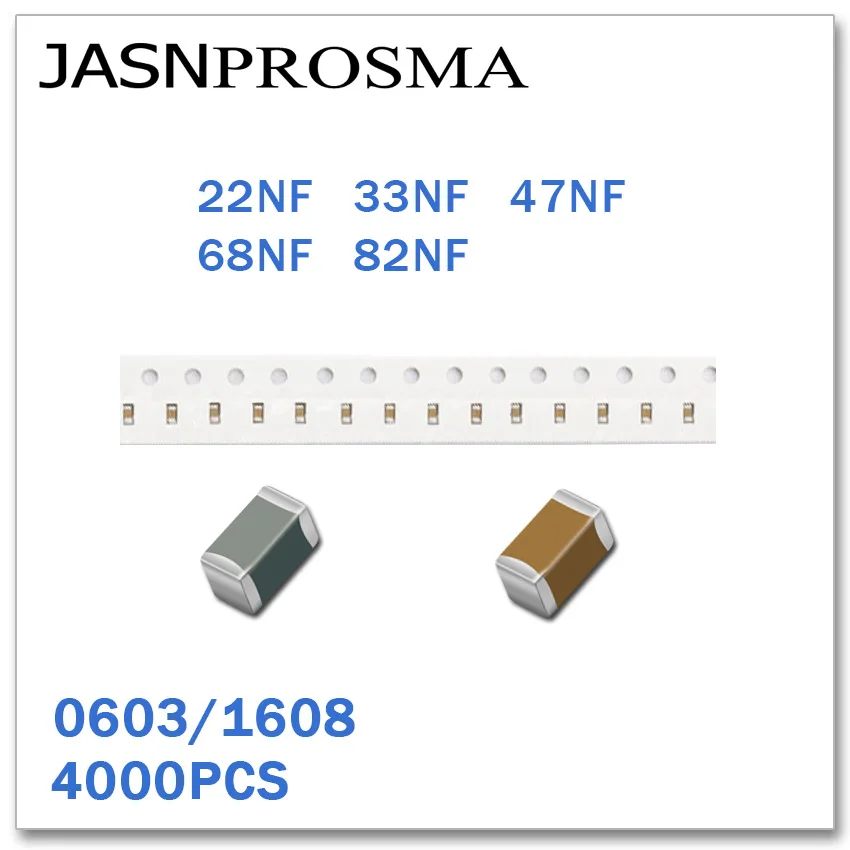 

JASNPROSMA 4000PCS 0603 1608 X7R RoHS 50V 10% 22NF 33NF 47NF 68NF SMD High quality Capacitor K B New goods 223 333 473 683 823