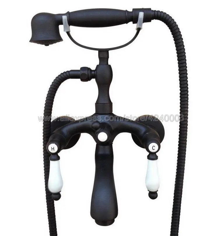 

Черный латунный Смеситель для ванной комнаты в телефонном стиле, смеситель для ванной, кран с двойной ручкой для ванной комнаты, смеситель для душа с ручным душем Ktf573