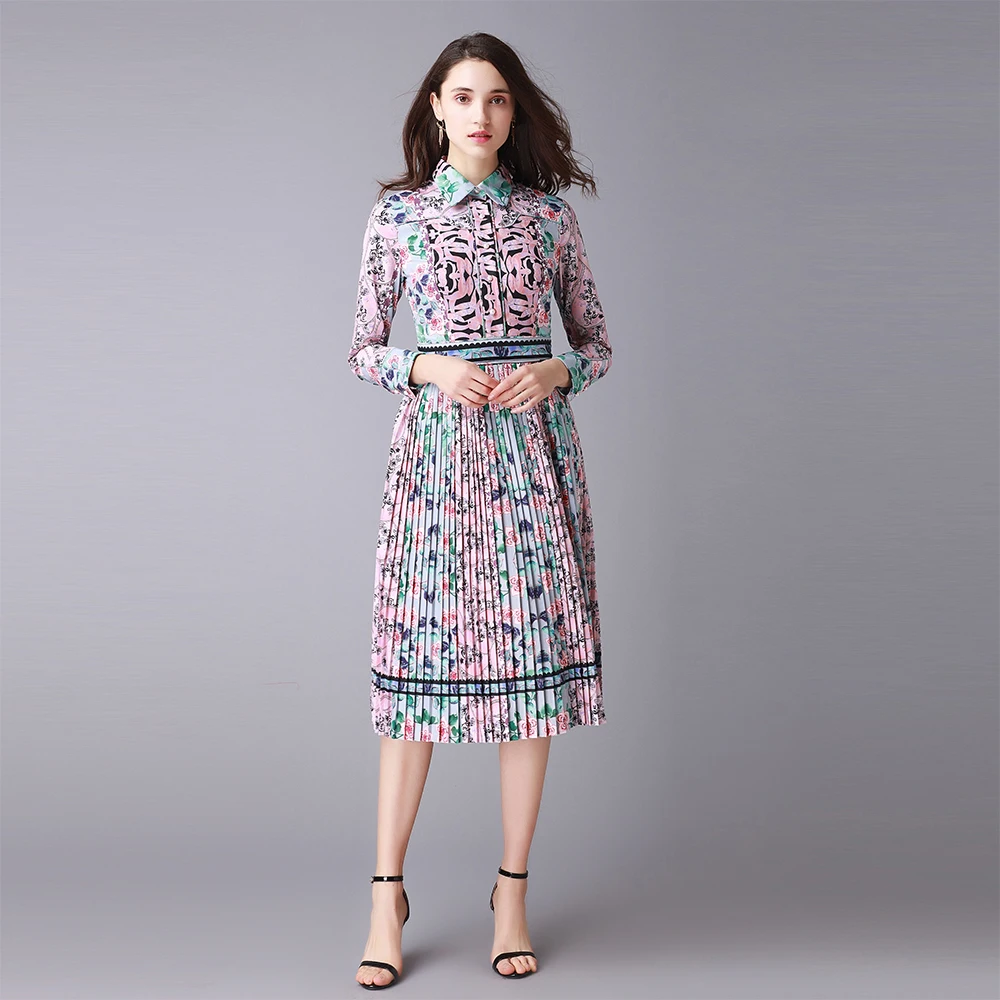 2018 New Fashion Pretty Print Pleated Dress High Quality Spring Turn-down Collar Knee-Length Slim Elegant Female | Женская одежда