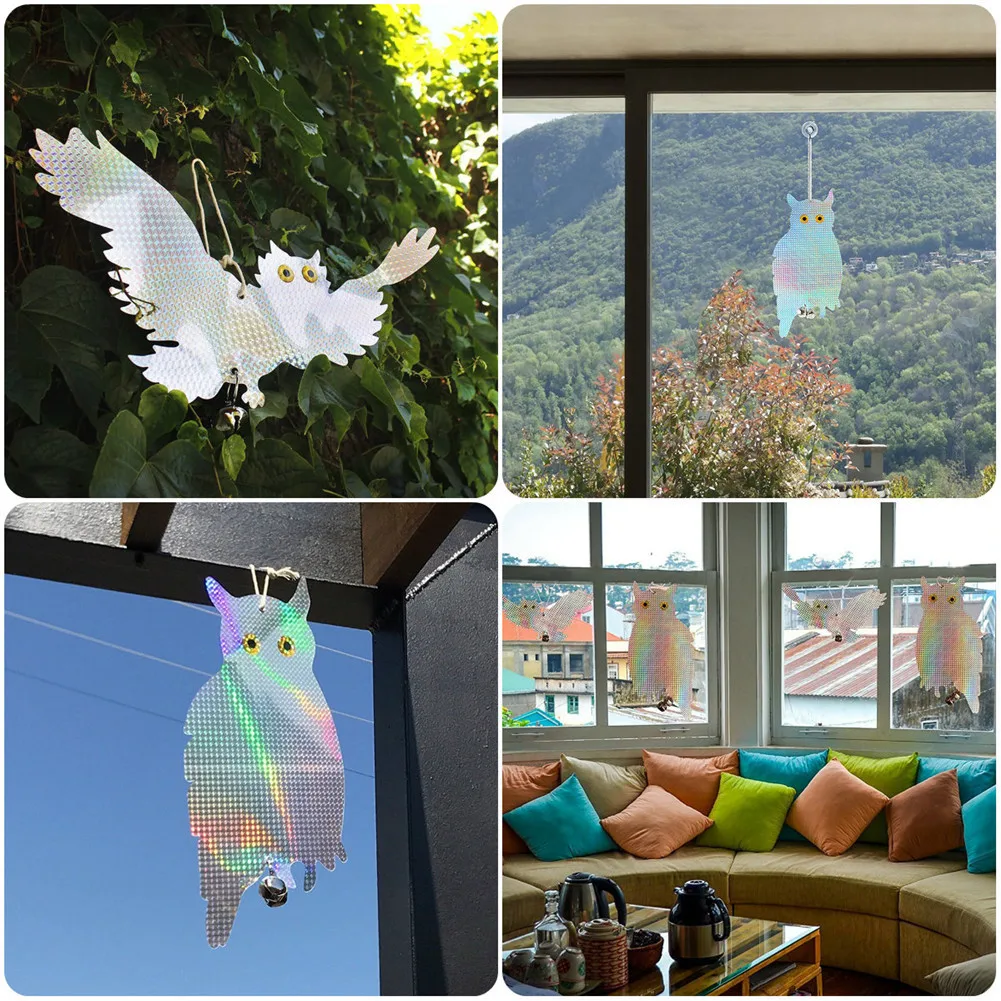 2pcs Fake Owl Decoy Scare Birds Holographic Reflective Repel Woodpecker Garden Hanging Supplies